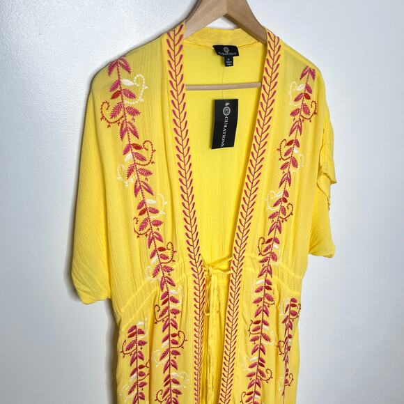 Curations Womens Kaftan Swim Coverup XL Yellow Pink Embroidered Resort Wear Boho - Picture 4 of 11